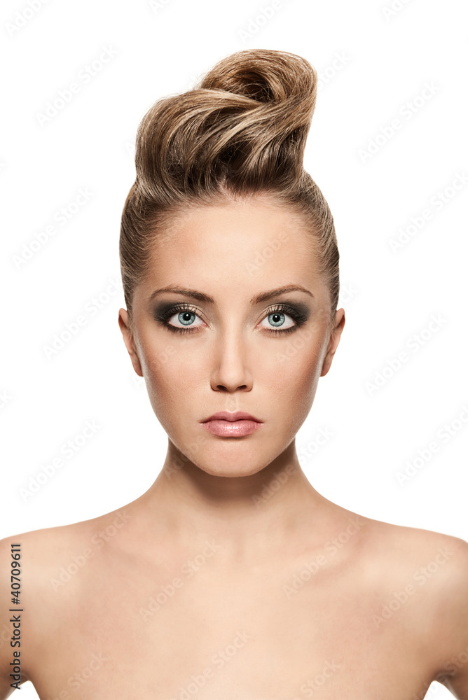 close up of blond woman with fashion hairstyle close up of blond woman with fashion hairstyle