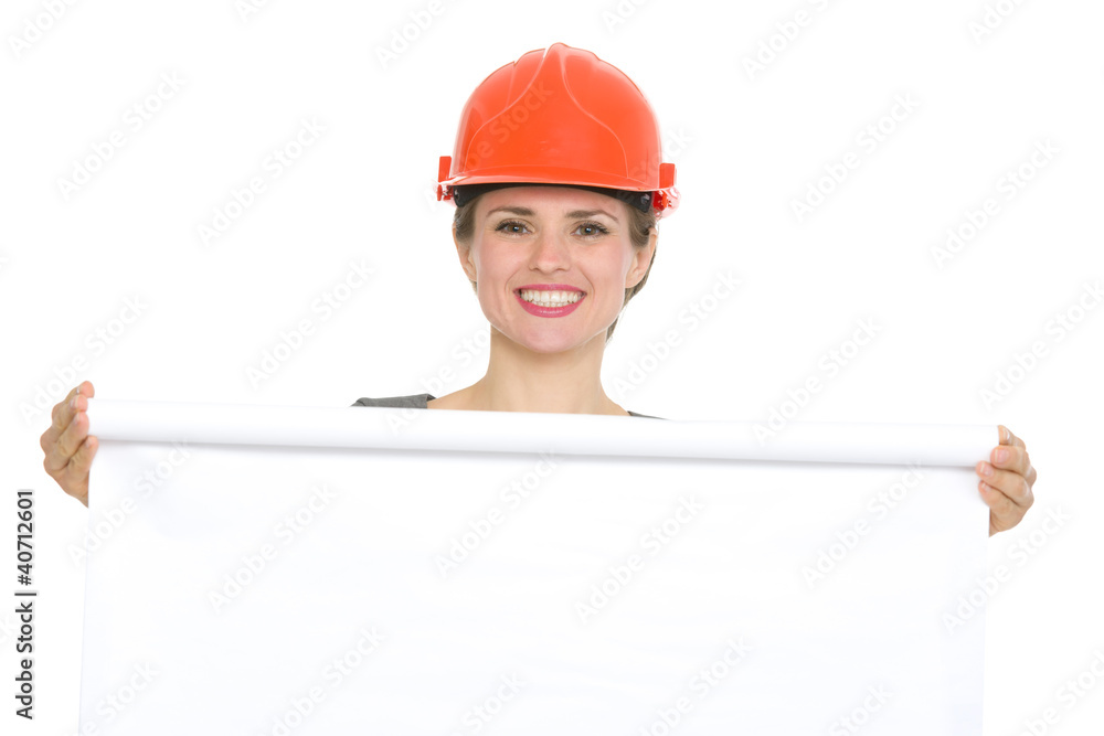 Portrait of smiling architect woman with blank flipchart Portrait of smiling architect woman with blank flipchart