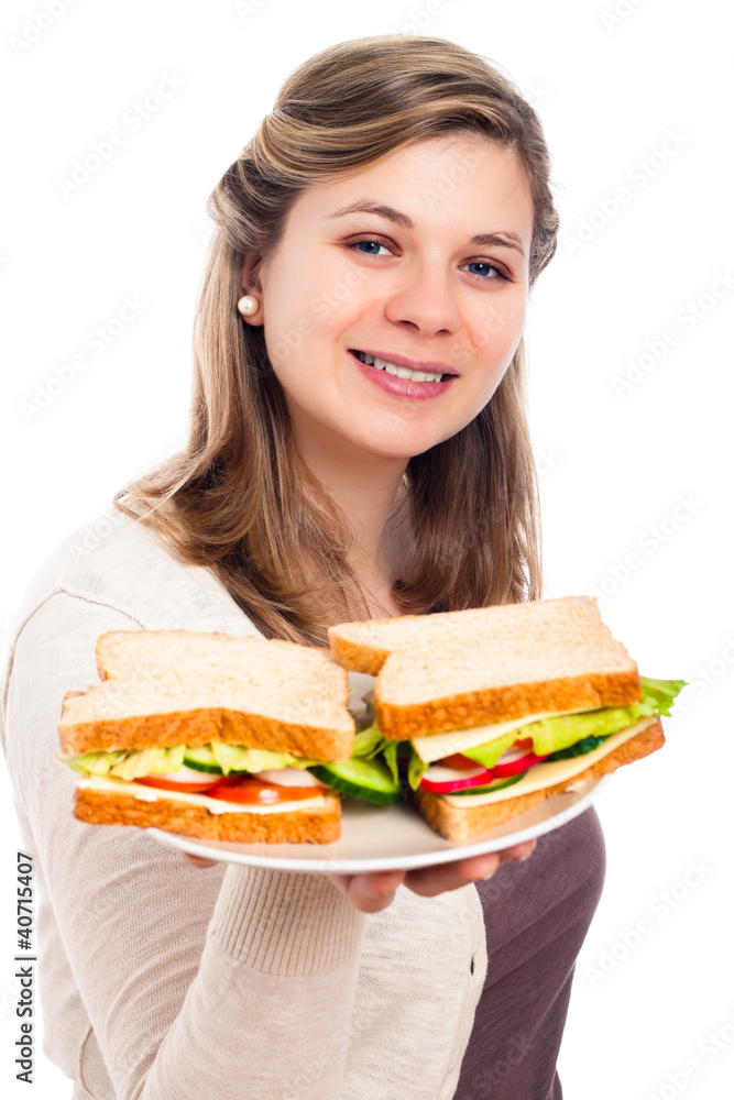 Happy woman with sandwiches