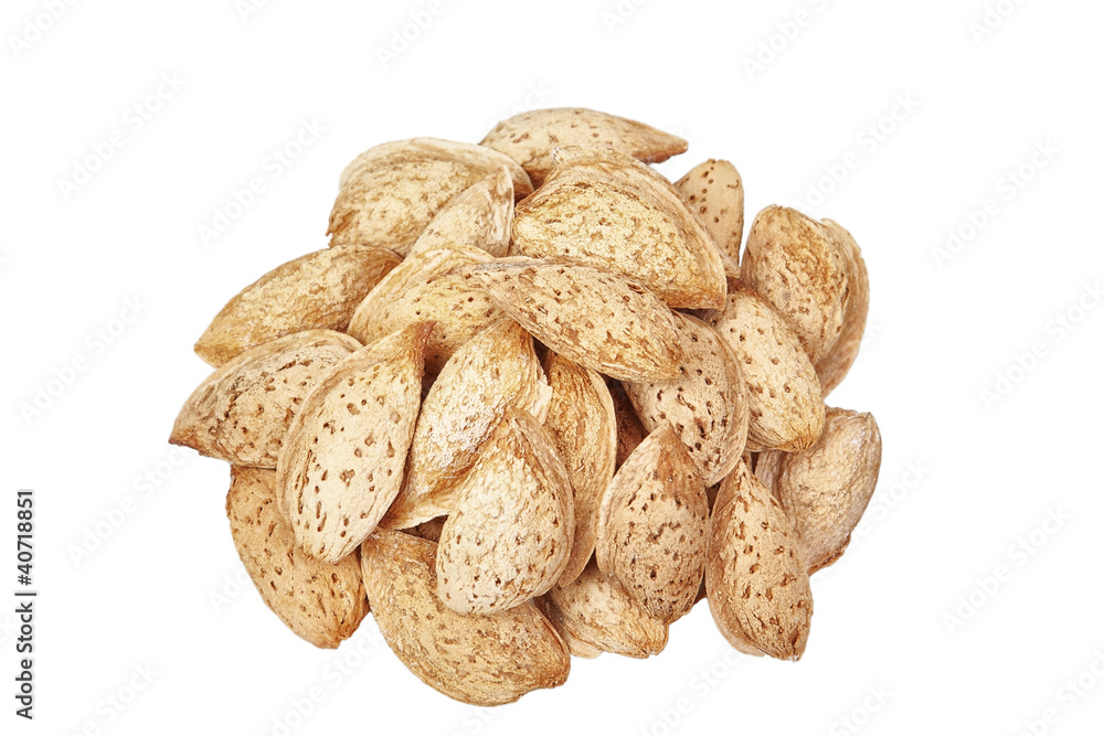 Group of almonds on a white background. Group of almonds on a white background.