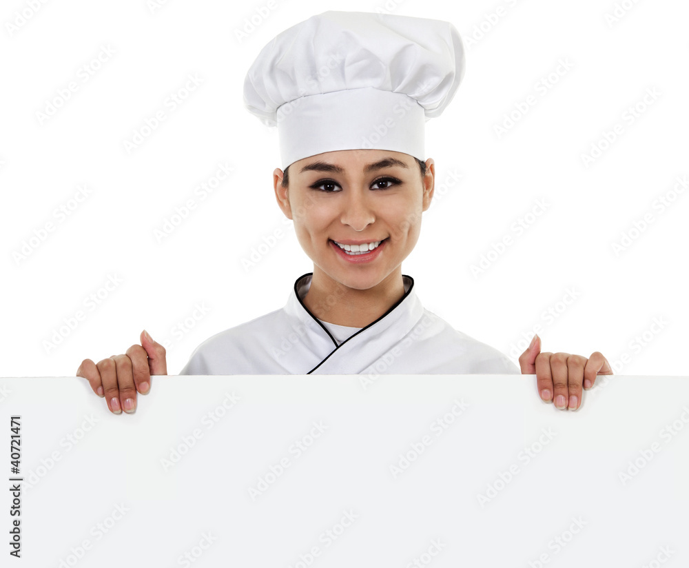 Female Chef with Sign Female Chef with Sign