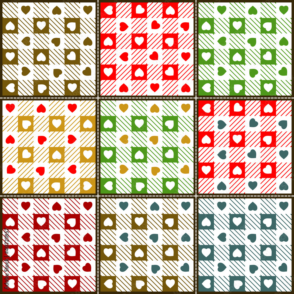 Set of 9 seamlessly repeating gingham swatches. Set of 9 seamlessly repeating gingham swatches.