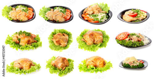 Plate with food, roast chicken,isolated.