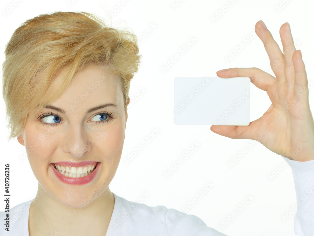 Happy woman watching to her card with copyspace Happy woman watching to her card with copyspace