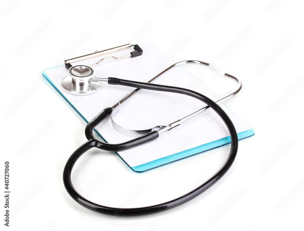 Stethoscope and blank clipboard isolated on white Stethoscope and blank clipboard isolated on white