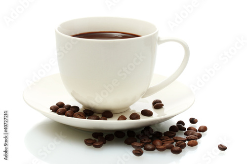 cup of coffee and beans isolated on white