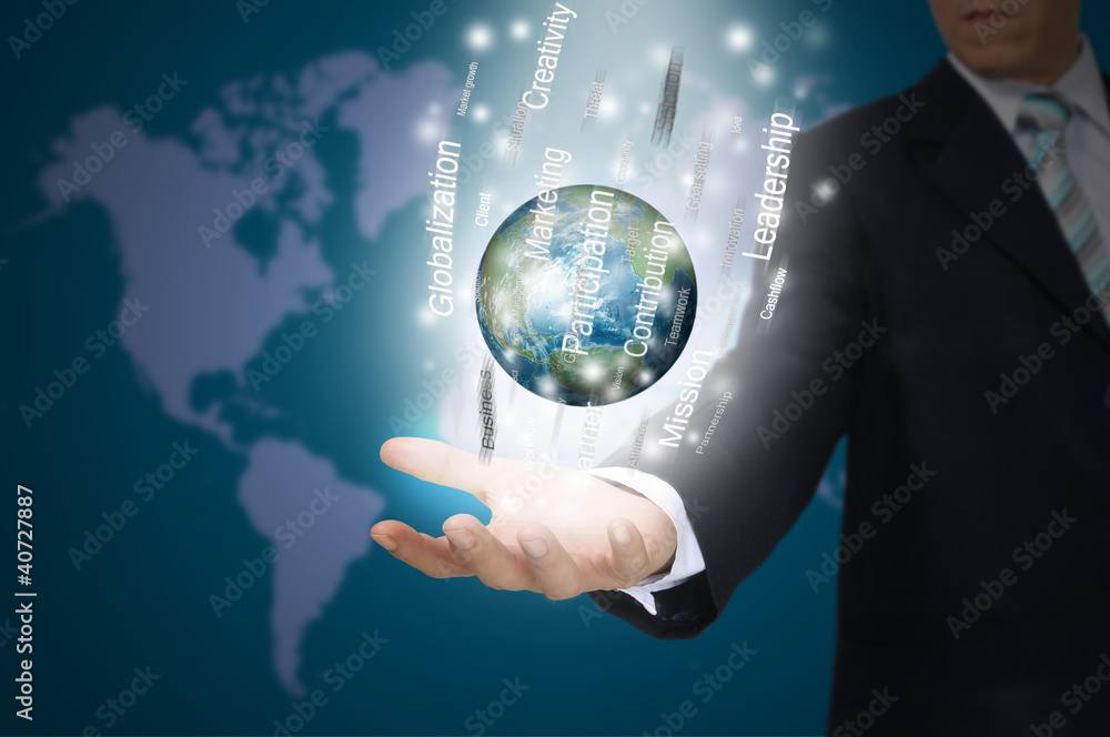 Hand of Business Man Hold Earth Globe surround by Business word. Hand of Business Man Hold Earth Globe surround by Business word.