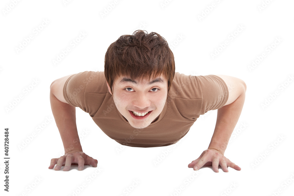 smiling Young man make push-ups and fitness smiling Young man make push-ups and fitness