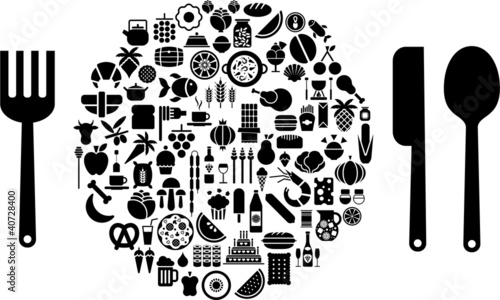 Food and beverage icons in form of sphere with silverware