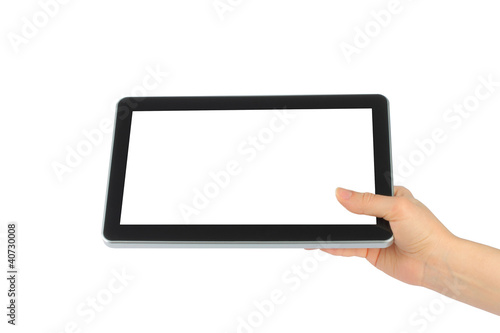 Woman hand holding touch screen device on white background