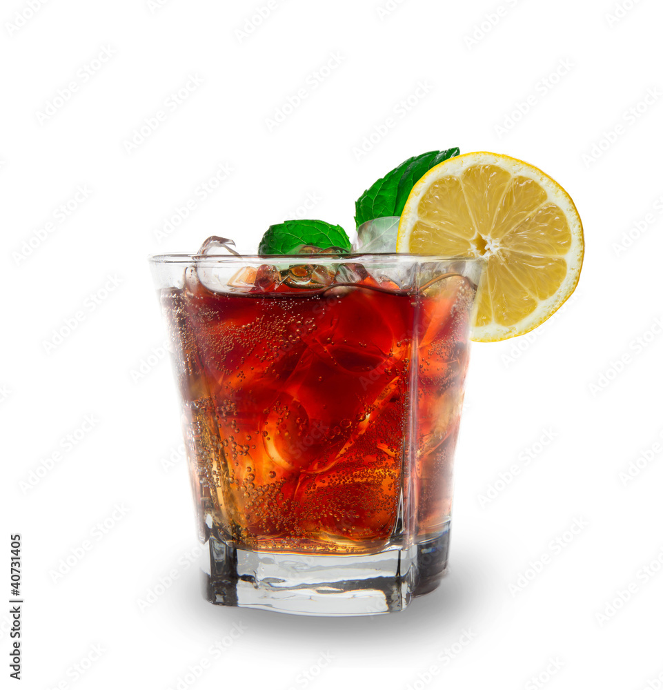 cooled Cola drink with ice cubes over white cooled Cola drink with ice cubes over white
