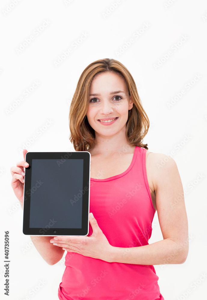 woman showing tablet screen woman showing tablet screen