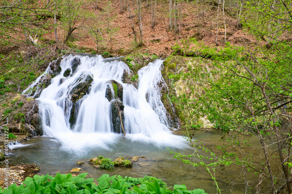 Waterfall in the forest in spring