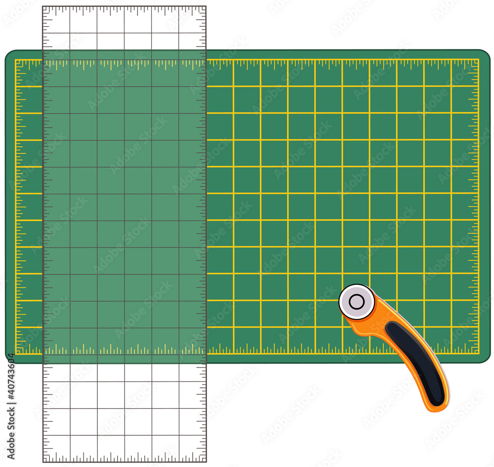 Sewing and Craft Tools: cutting mat, rotary cutter, clear ruler Stock  Vector