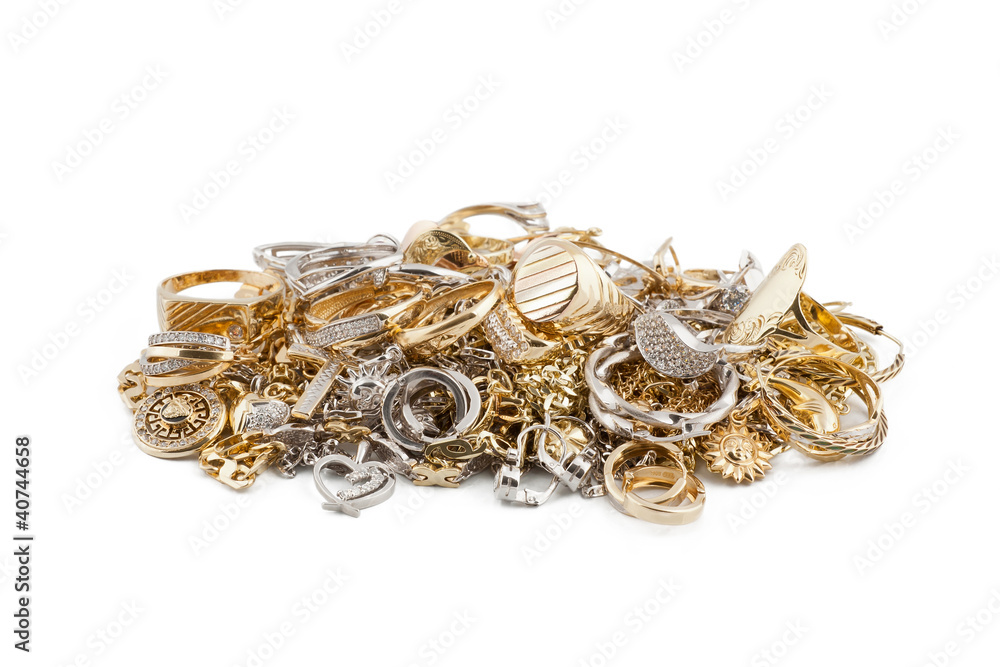 Gold jewelry on a white background