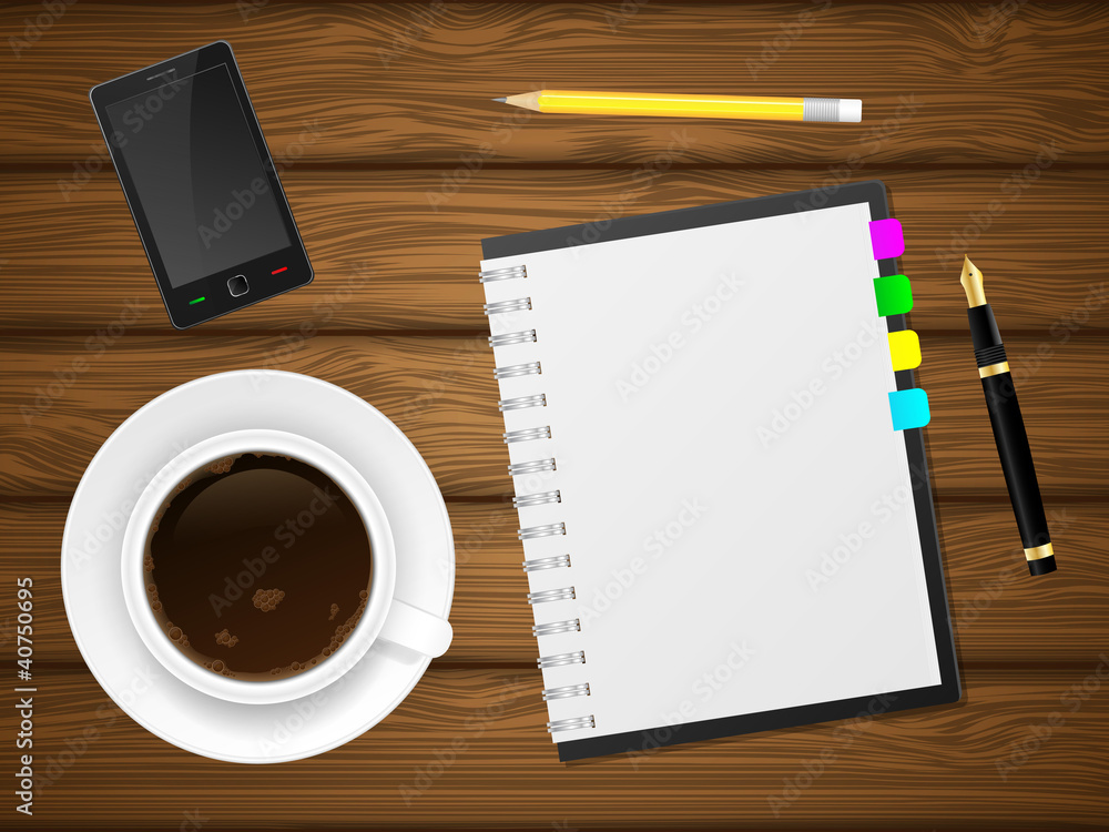 Coffee cap, phone and notebook on wooden background. Coffee cap, phone and notebook on wooden background.