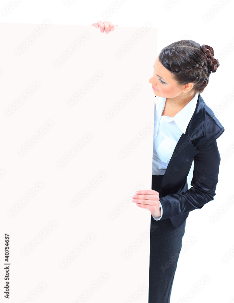 Beautiful business woman with a white banner. Beautiful business woman with a white banner.