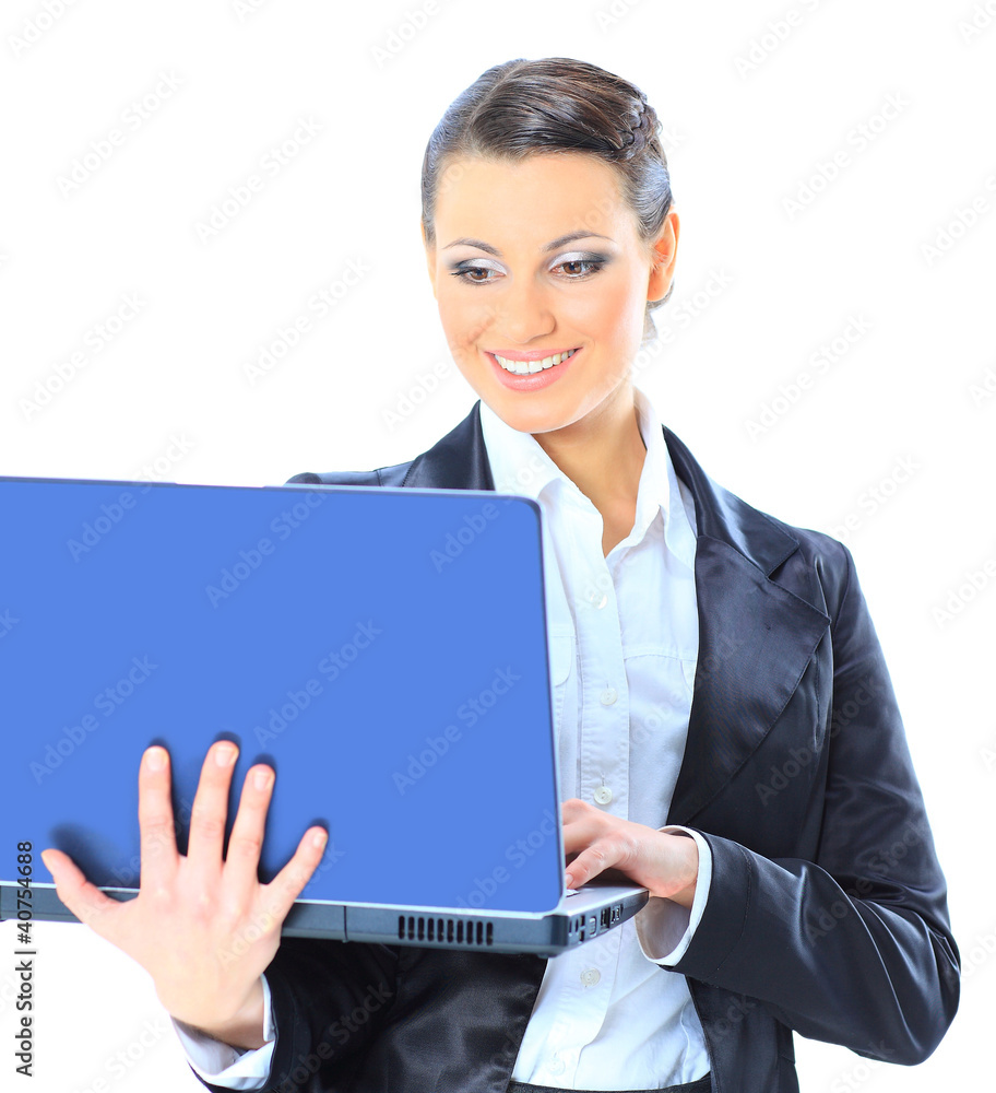 Beautiful businesswoman keeps the laptop. Beautiful businesswoman keeps the laptop.
