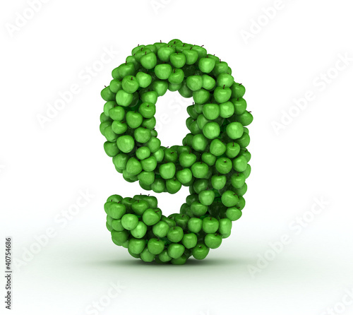 Number 9, alphabet of green apples