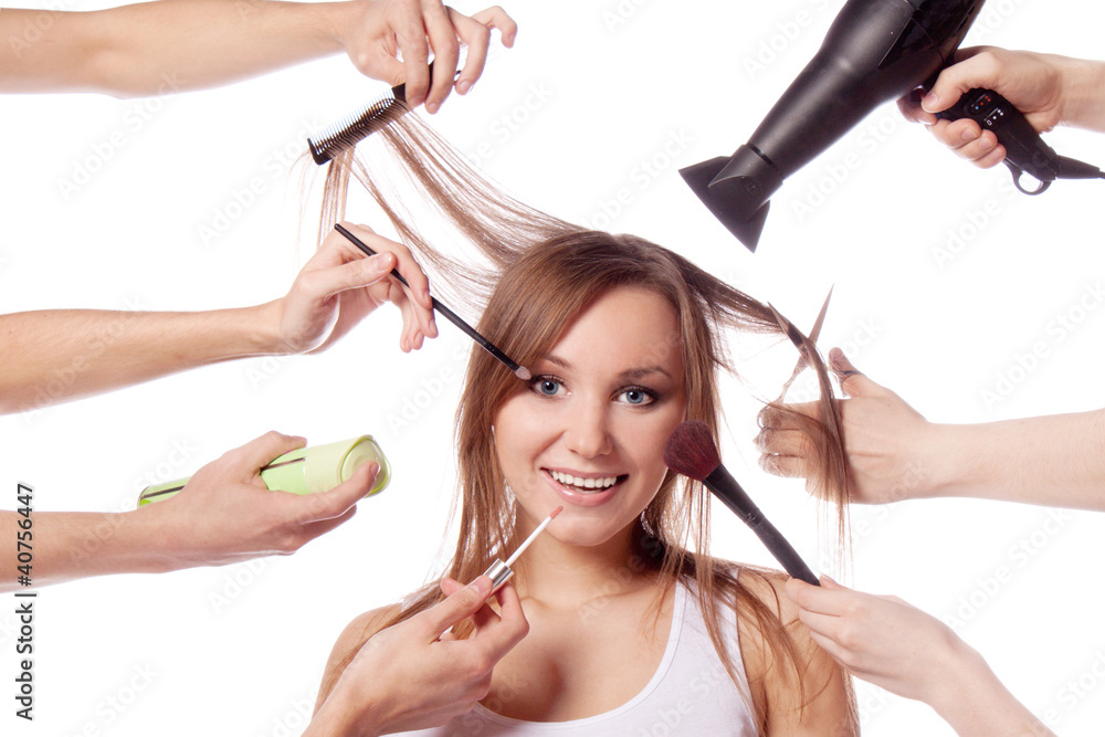 Fototapeta premium Make-up, cut, many hands
