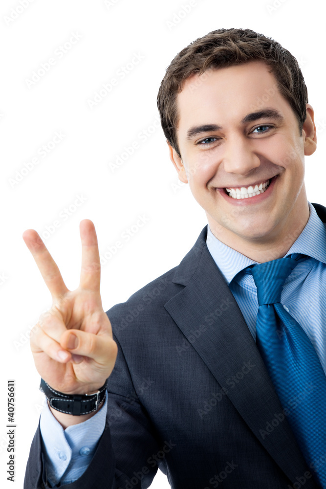 Businessman showing two fingers or victory sign Businessman showing two fingers or victory sign