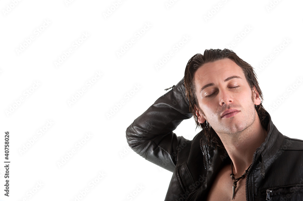 Young man portrait with copy space against white background.