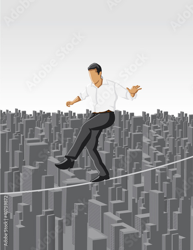 Business man over city on a high tightrope