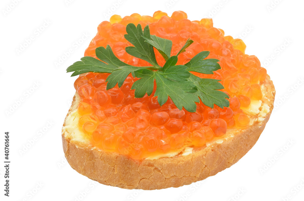 Sandwich with red caviar and parsley Sandwich with red caviar and parsley