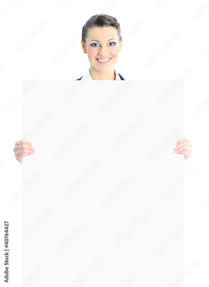 Beautiful business woman with a white banner. Beautiful business woman with a white banner.