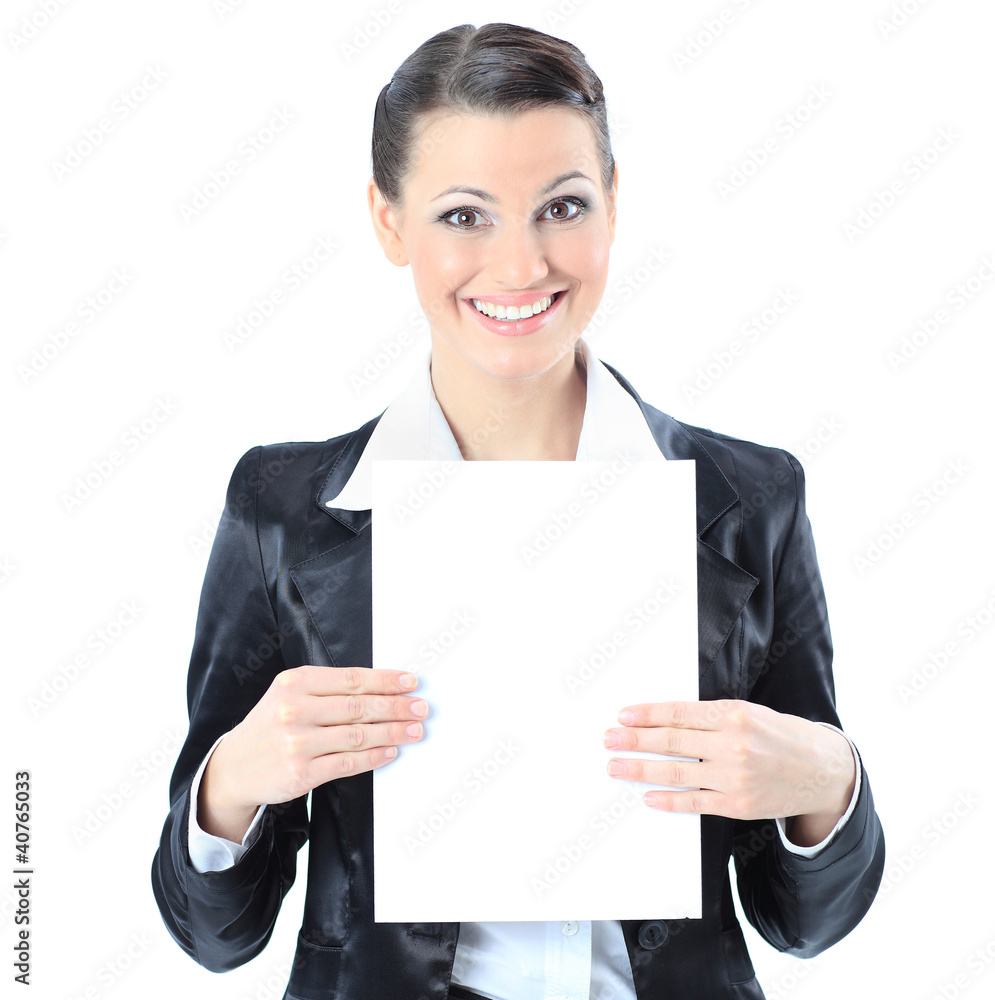 Beautiful business woman with a white banner Beautiful business woman with a white banner