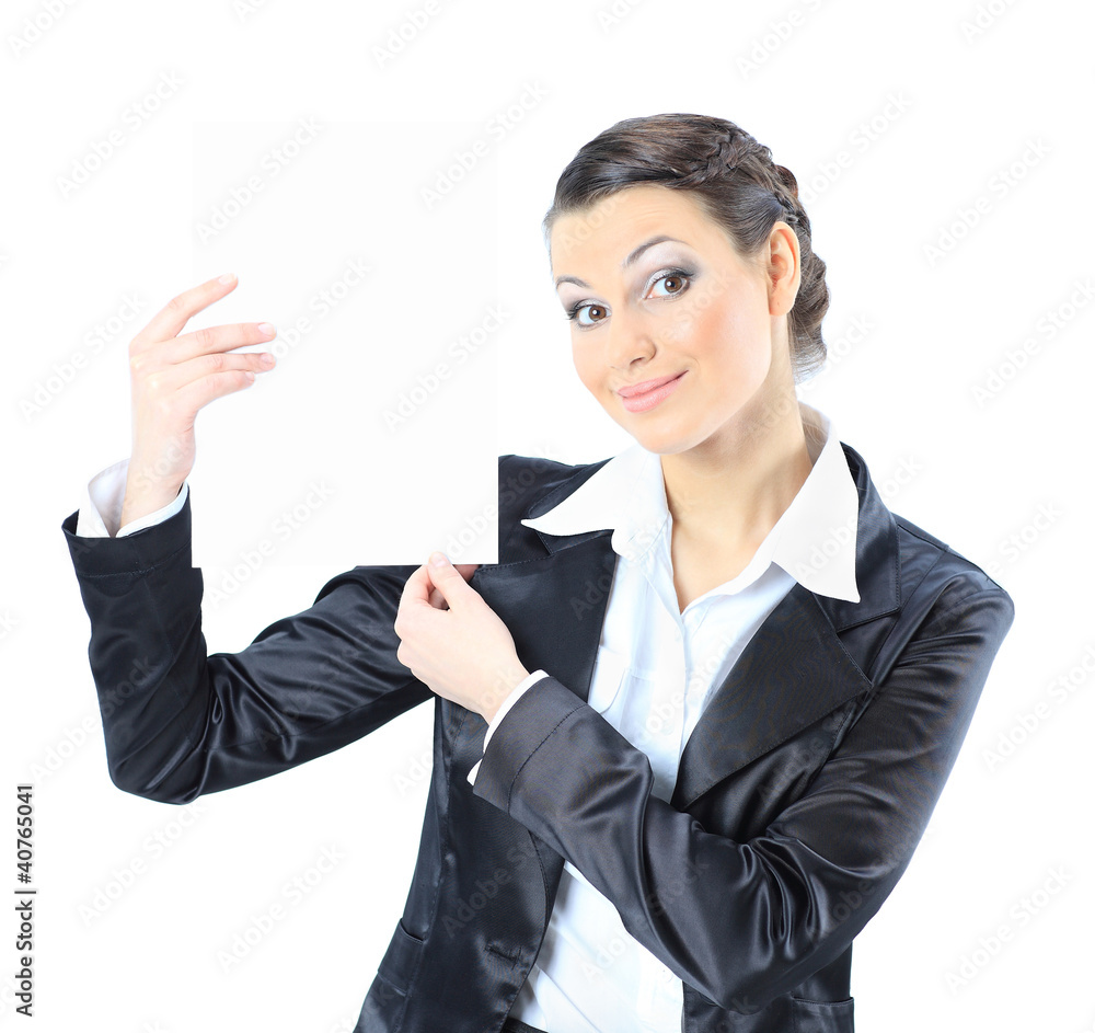 Beautiful business woman with a white banner. Beautiful business woman with a white banner.