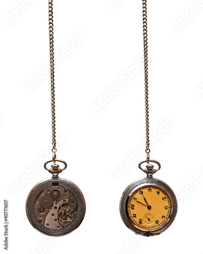 Closeup of old pocket watch isolated on white background