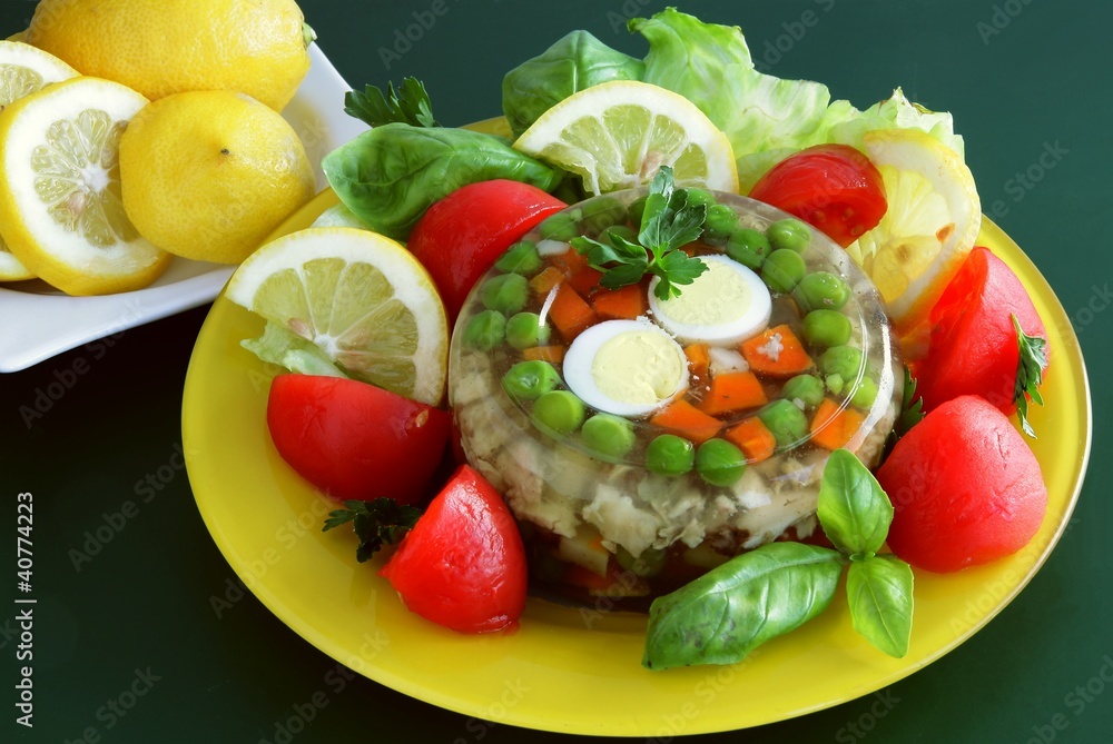 jelly with meat,vegetable ,egg and lemon juice jelly with meat,vegetable ,egg and lemon juice
