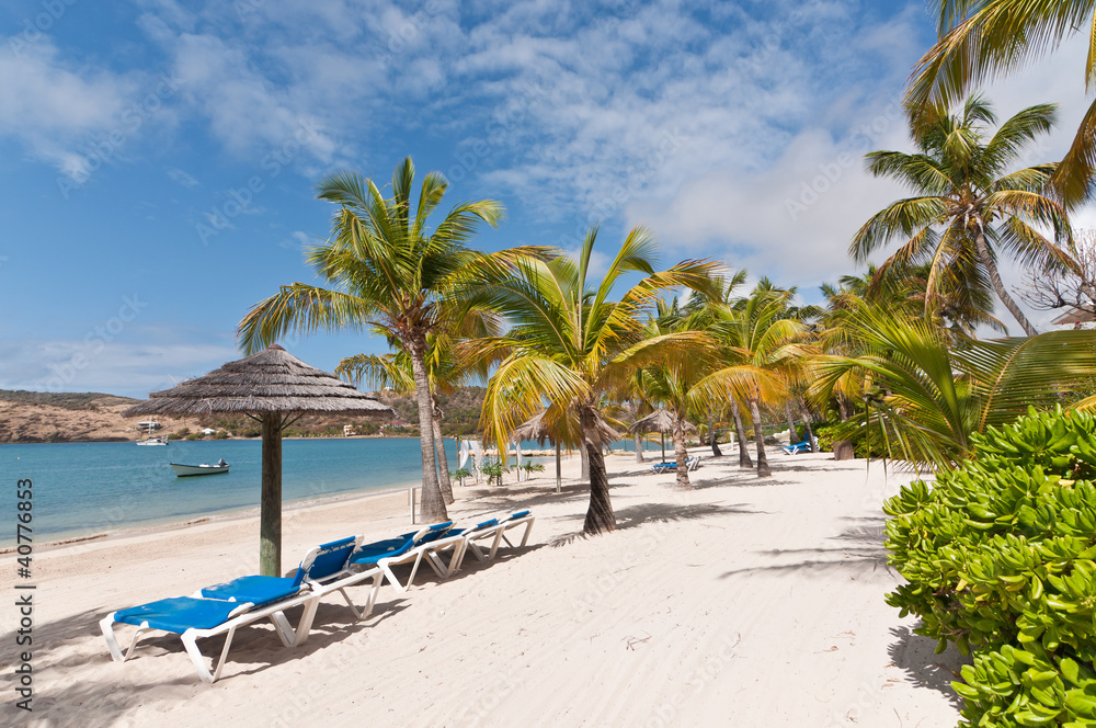 Fototapeta premium A Sunny Caribbean Beach with Sunloungers and Umbrellas