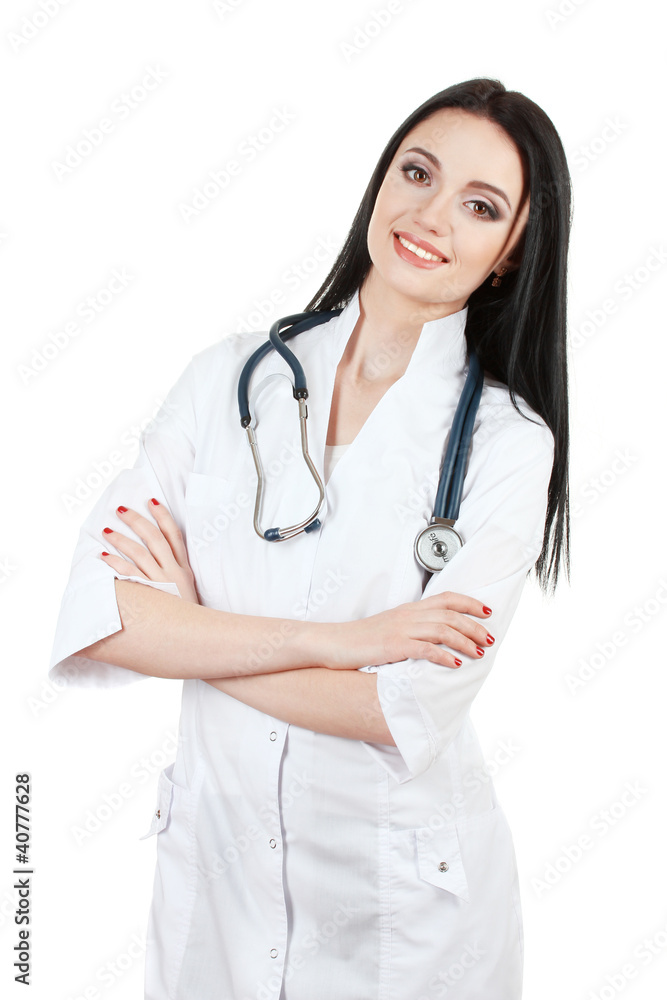 young beautiful doctor with stethoscope isolated young beautiful doctor with stethoscope isolated