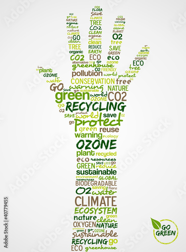 Go Green. Hand with words cloud about environmental conservation