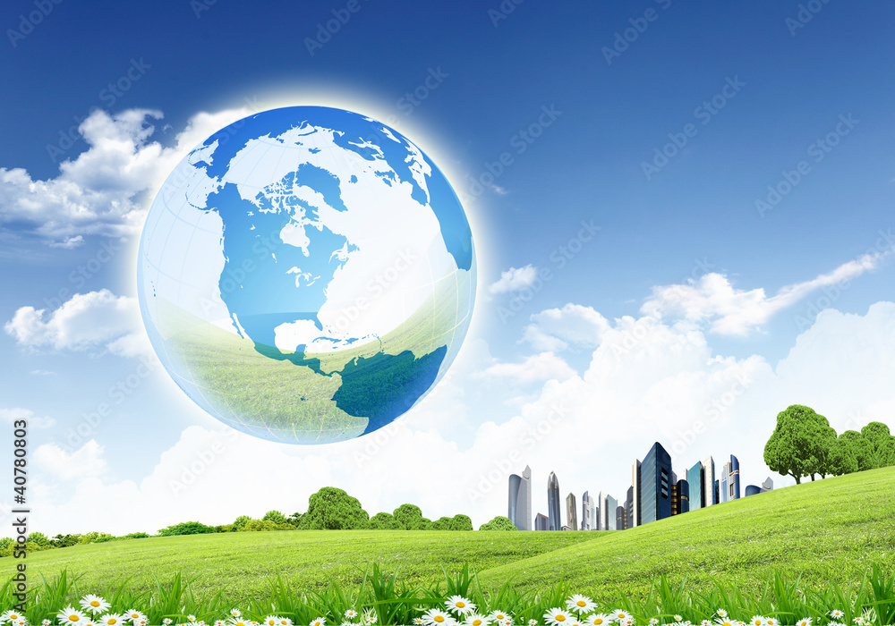 Green nature landscape with planet Earth Green nature landscape with planet Earth