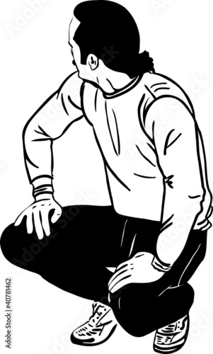 a sketch a man squat and looks aside