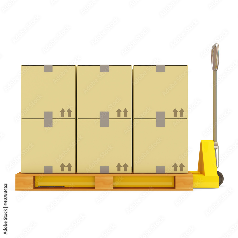 Pallet Truck with Carton Boxes isolated on white background Pallet Truck with Carton Boxes isolated on white background