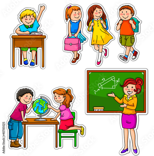 set of children and teacher at school