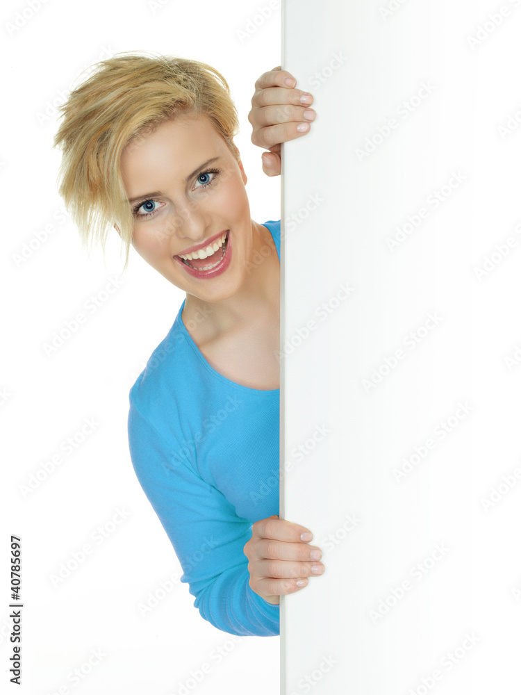 Pretty woman with white message board on white background Pretty woman with white message board on white background