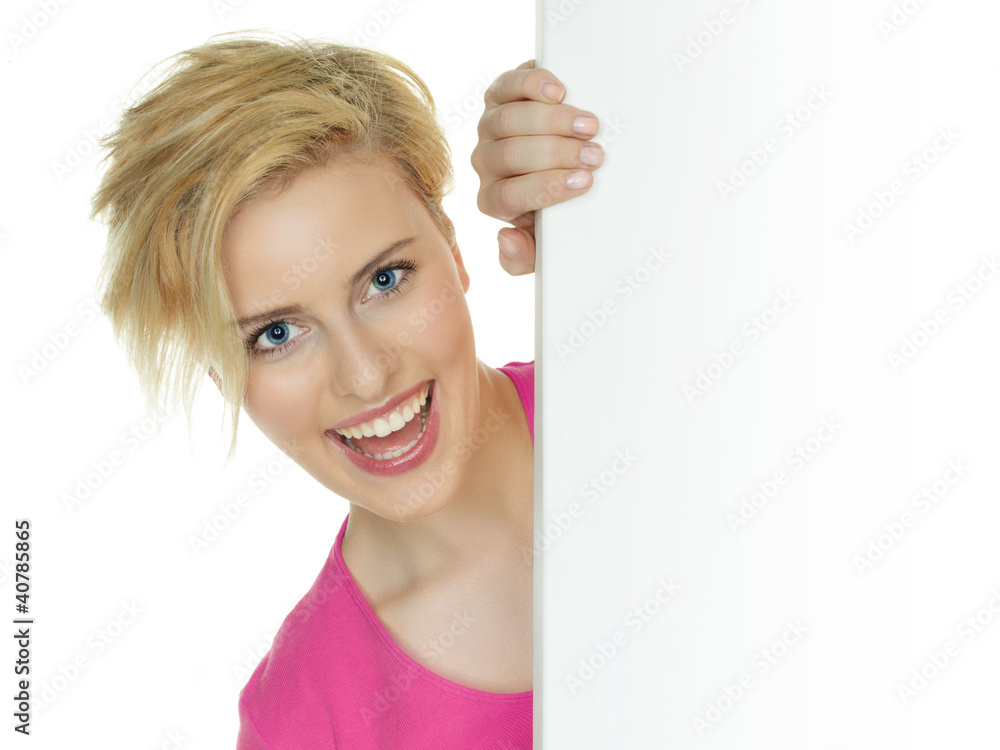Pretty woman with white message board on white background Pretty woman with white message board on white background