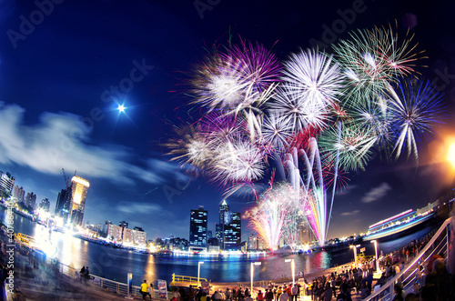 Fireworks display with fisheye view on the Love River