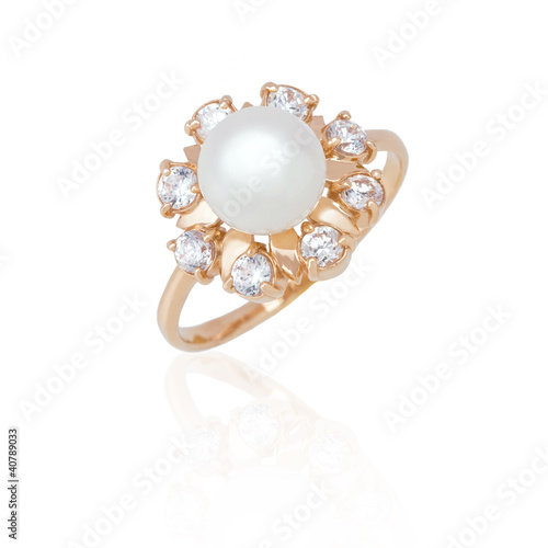 Jewelry ring with pearl and diamonds on white background