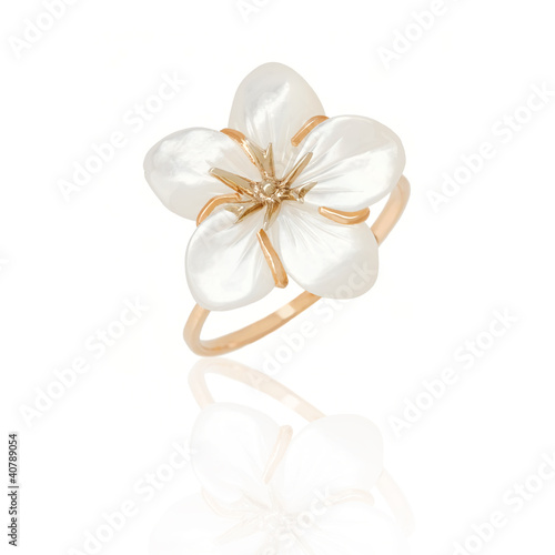 Jewelry ring with nacre on white background