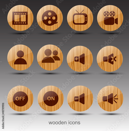 Round wooden icons. Cinema theme.