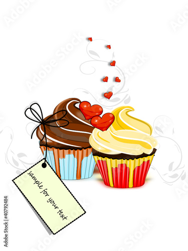 Muffin, Cupcakes mit Herzen und Karte