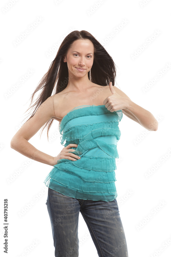 Obraz premium young woman in turquoise on a white background