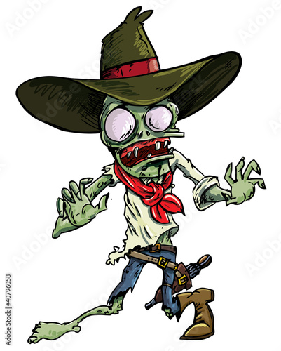 Cartoon cowboy zombie with gun belt and hat.