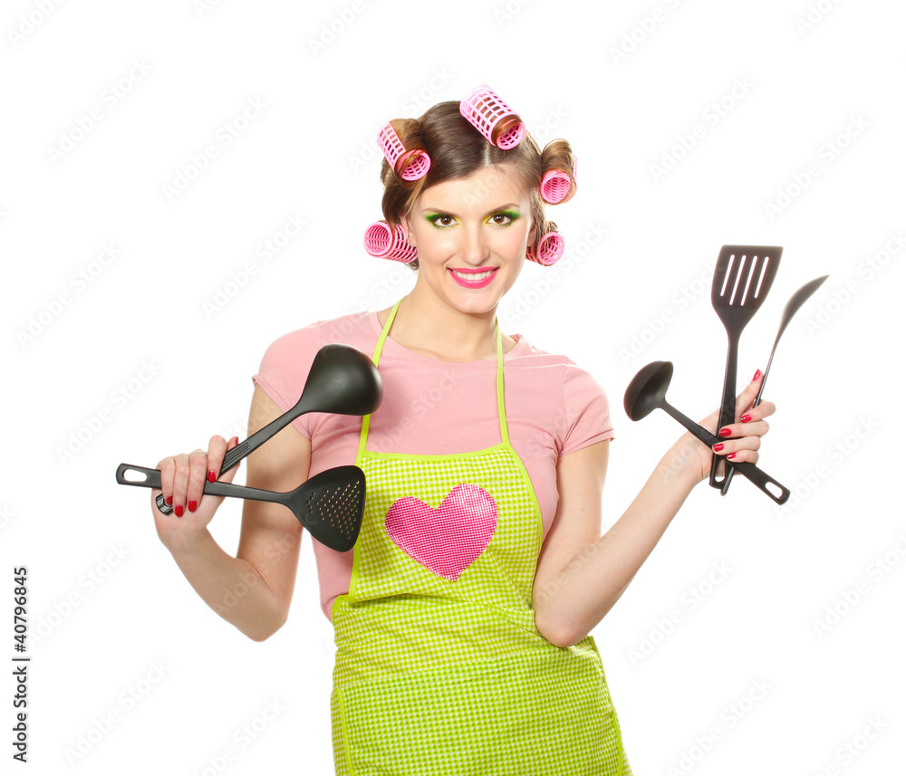 beautiful young housewife with kitchen utensils beautiful young housewife with kitchen utensils